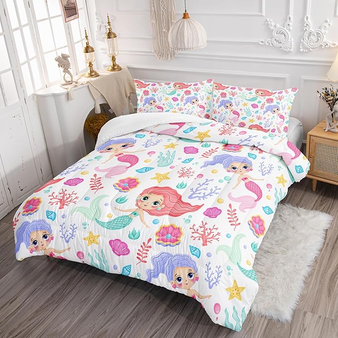 Mermaid Comforter Set Twin Size Fairy Tale Sea Shell Grass Bedding Set Starfish Quilt Bed Set for Kid Girls with 1 Comforter and 2 Pillowcases - LeafyLoom