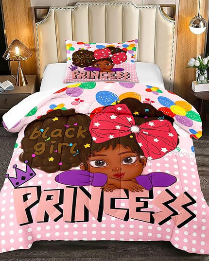 Black Girls Twin Bedding Sets for Girls-Black Girls Twin Comforter Set for Girls, Black Girls Bedding Sets Twin, Pink Princess Twin Bedding Sets for Girls, Twin (1 Comforter 1 Pillowcases) - LeafyLoom