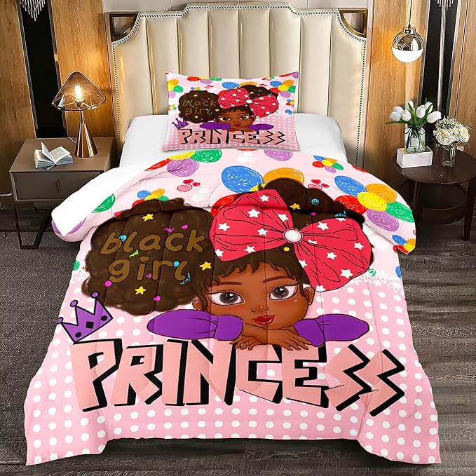 Black Girls Twin Bedding Sets for Girls-Black Girls Twin Comforter Set for Girls, Black Girls Bedding Sets Twin, Pink Princess Twin Bedding Sets for Girls, Twin (1 Comforter 1 Pillowcases) - LeafyLoom