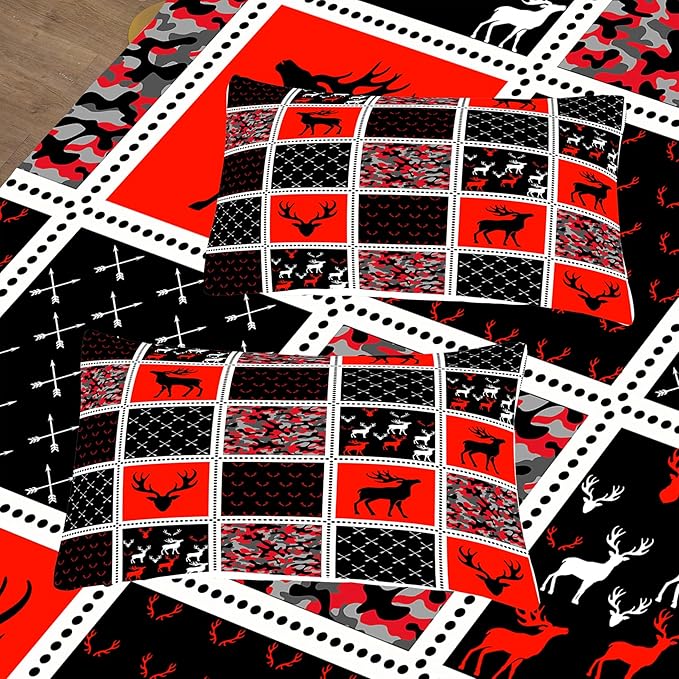 Tailor Shop Deer Comforter Sets for Kids Boys Teens Camo Comforter Sets King Red and Black Bedding Set Room Decor with 2 Pillowcase - LeafyLoom