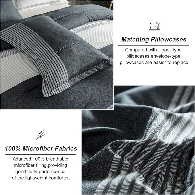 Dark Grey Comforter Set King, Reversible Dark Grey Striped Down Alternative Comforter for King Bed,3 Pieces (1 Comforter+2 Pillowcases), Soft Microfiber Bedding Duvet Set 104 inch X 90 inch - LeafyLoom