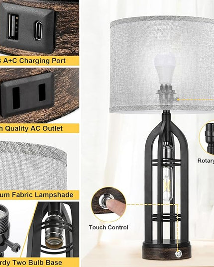 Table Lamp for Living Room - Grey Farmhouse Lamps for Night Stands with USB C+A, 3 Way Dimmable End Table Lamps Set of 2, Vintage Bedside Lamp for End Tables, Rustic Nightstand Lamps for Bedroom - LeafyLoom