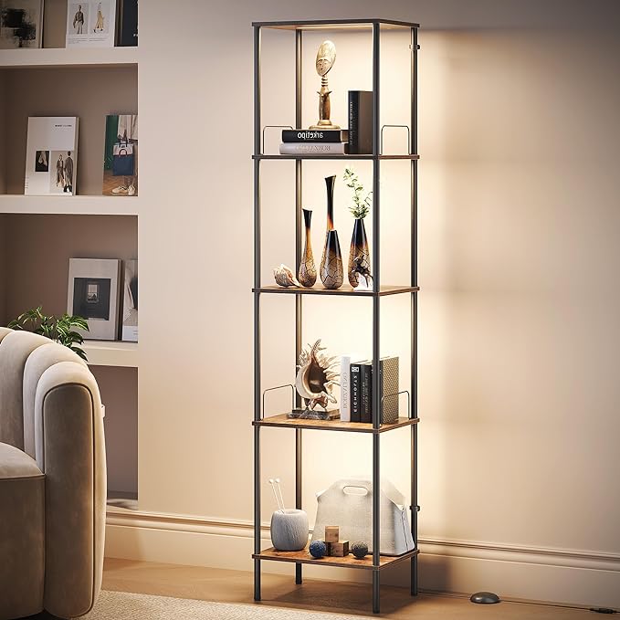 SUNMORY Display Shelf with Dimmable Lights, Lighted Display Cases for Collectibles, Adjustable Color Temperature and Brightness, Display Cabinet, Floor Lamp with Shelves, Home Decor, Rustic Brown - LeafyLoom