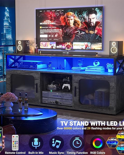 Aheaplus TV Stand for 55 60 Inch TV, Entertainment Center with LED Light & Charging Station, TV Console Table, Large Media Console Cabinet w/Soundbar Shelf, for Living Room, Bedroom, Black Oak - LeafyLoom