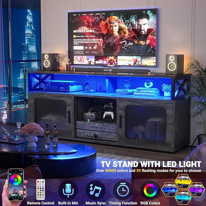 Aheaplus TV Stand for 55 60 Inch TV, Entertainment Center with LED Light & Charging Station, TV Console Table, Large Media Console Cabinet w/Soundbar Shelf, for Living Room, Bedroom, Black Oak - LeafyLoom