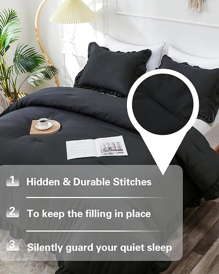 Black Double Ruffle Comforter Set King Size (104x90 Inch), 3 Pcs Farmhouse Vintage Comforter Set (1 Ruffled Comforter and 2 Pillowcase), Rustic All Season Down Alternative Bedding Set - LeafyLoom