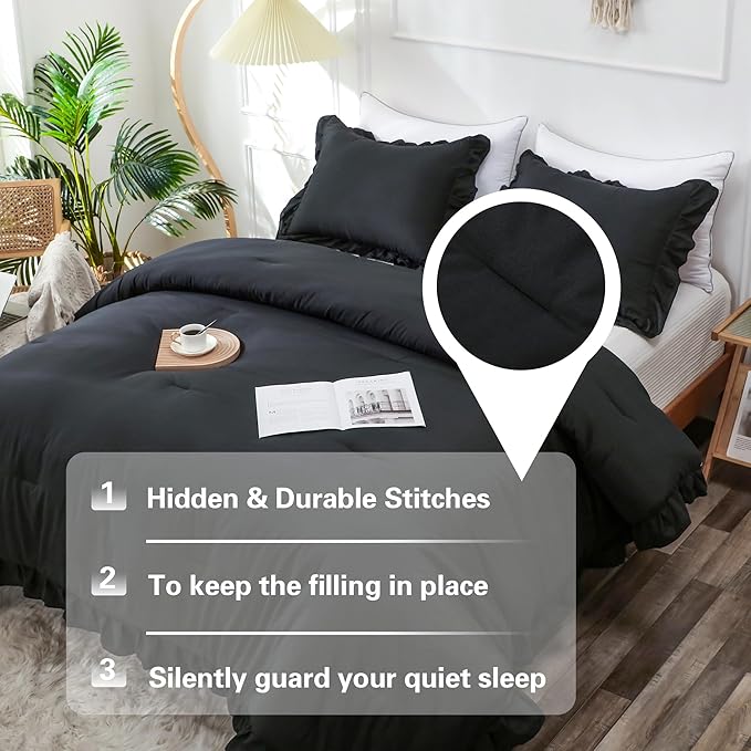 Black Double Ruffle Comforter Set Full Size (79x90 Inch), 3 Pcs Farmhouse Vintage Comforter Set (1 Ruffled Comforter and 2 Pillowcase), Rustic All Season Down Alternative Bedding Set - LeafyLoom