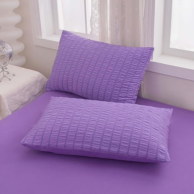 Seersucker Purple Queen Size Comforter Sets for Girls Women Boho Purple Seersucker Bedding Set & Collections 5 Pieces-Soft Lightweight Microfiber Bed Set for All Season,Queen 90''x90''… - LeafyLoom