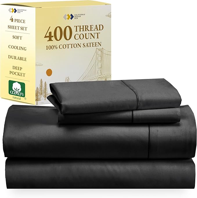 California Design Den 100% Cotton Sheets - Softest 4-Pc Queen Sheet Set, Cooling Sheets for Queen Size Bed, Deep Pockets, 400 Thread Count Sateen, Bedding Sheets & Pillowcases, Queen Sheets (Black) - LeafyLoom