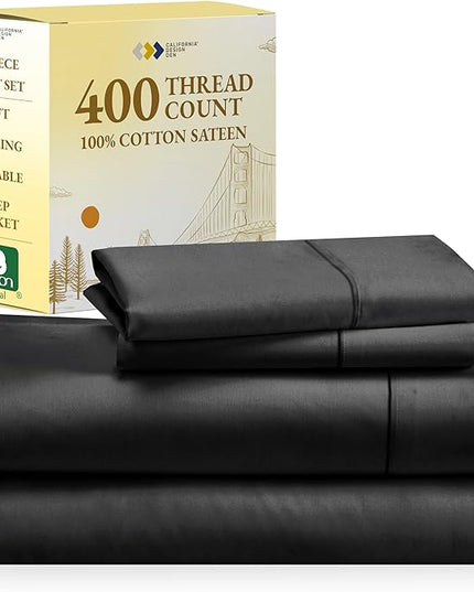 California Design Den Softest 100% Cotton Sheets, Full Size Sheet Sets, 4 Pc Set, 400 Thread Count Sateen Bedding, Deep Pocket Sheets, Cooling Sheets, Full Size Sheets, Breathable Bed Set (Black) - LeafyLoom