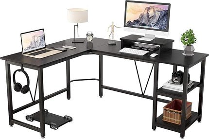 Computer desk, L-shaped Corner Desk with 2-Layer Storage,Large PC Laptop Table with Monitor Stand and CPU Stand,Gaming Desk Writing Table for Office Home (Black Carbon Fiber) - LeafyLoom