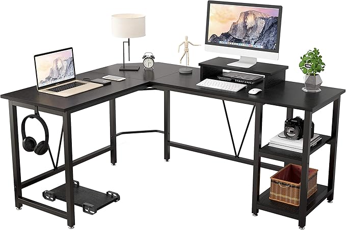Computer desk, L-shaped Corner Desk with 2-Layer Storage,Large PC Laptop Table with Monitor Stand and CPU Stand,Gaming Desk Writing Table for Office Home (Black Carbon Fiber) - LeafyLoom