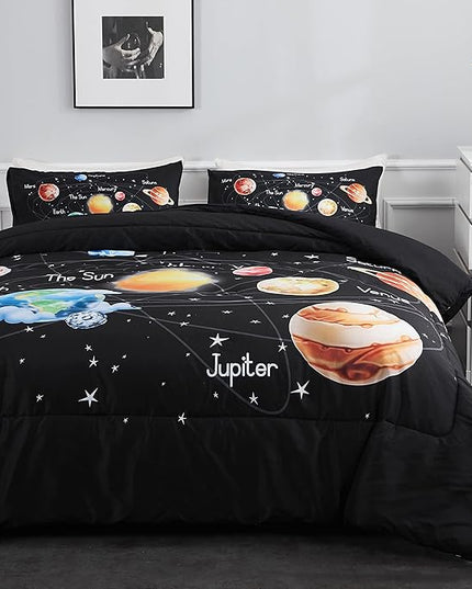 Solar System Comforter Set Queen Universe Planets Theme Bedding Set 3 Pieces 1 Space Comforter and 2 Pillow Shams for Boys Girls Kids Ultra-Soft Microfiber All Seasons for Bedroom Sofa - LeafyLoom