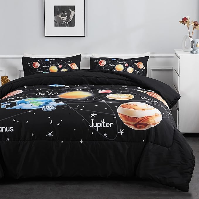 Solar System Comforter Set Queen Universe Planets Theme Bedding Set 3 Pieces 1 Space Comforter and 2 Pillow Shams for Boys Girls Kids Ultra-Soft Microfiber All Seasons for Bedroom Sofa - LeafyLoom