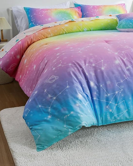 Btargot 6 Piece Tie Dye Constellation Comforter Set Bed in A Bag, Galaxy Rainbow Stars Pattern Bedding Set for Boys Girls Teen, Queen Multi - LeafyLoom