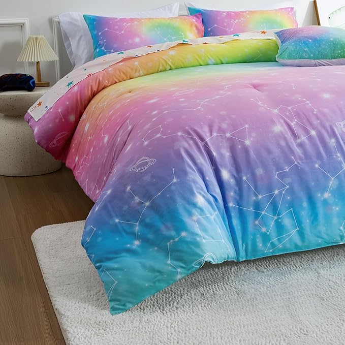 Btargot 6 Piece Tie Dye Constellation Comforter Set Bed in A Bag, Galaxy Rainbow Stars Pattern Bedding Set for Boys Girls Teen, Queen Multi - LeafyLoom