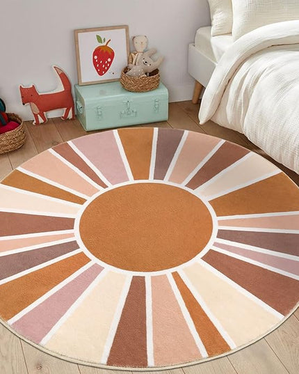 Topotdor Sun Rainbow Round Rug 4ft Boho Kids Nursery Rug, Colorful Washable Area Rug Ultra Soft Circle Classroom Rug Non-Slip for Bedroom Living Room Playroom Decor, Orange - LeafyLoom
