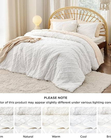 Bedsure Oversized King Comforter - White Comforter Set, Boho Tufted Shabby Chic Bedding Comforter Set, 3 Pieces Farmhouse Bed Set for All Seasons, Fluffy Soft Bedding Set with 2 Pillow Shams - LeafyLoom