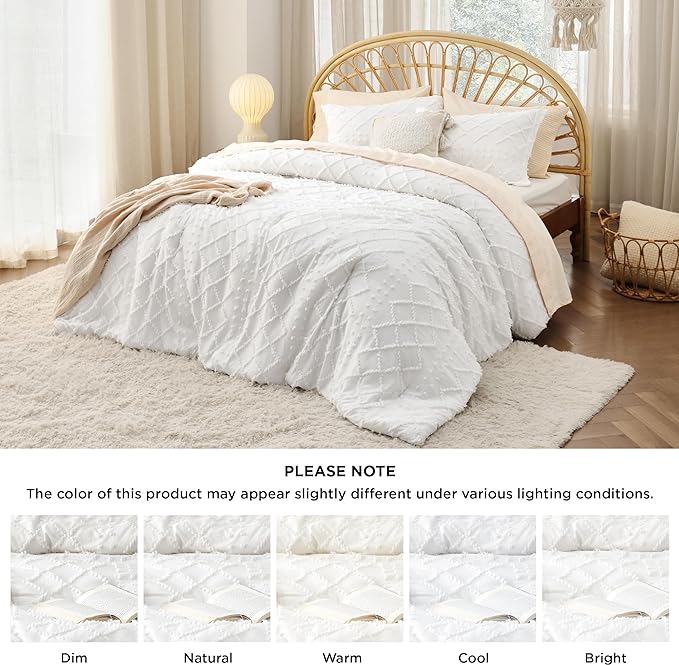 Bedsure Oversized King Comforter - White Comforter Set, Boho Tufted Shabby Chic Bedding Comforter Set, 3 Pieces Farmhouse Bed Set for All Seasons, Fluffy Soft Bedding Set with 2 Pillow Shams - LeafyLoom