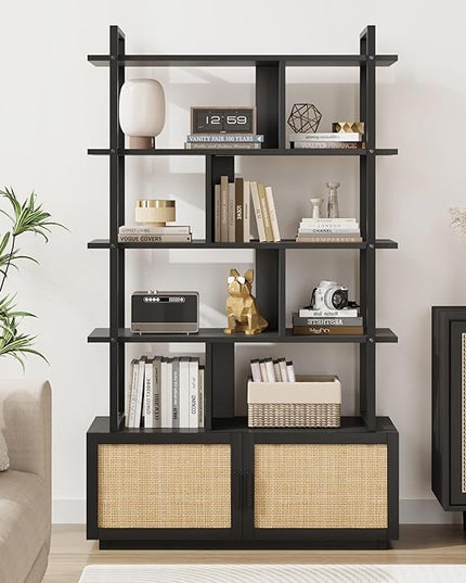 GAOMON 5 Tier Rattan Bookshelf with Storage Cabinet & Door, 71.1 Inch Tall Industrial Book Shelf with Open Display Shelves, 5 Shelf Bookcase with Metal Frame for Living Room, Bedroom -Black - LeafyLoom
