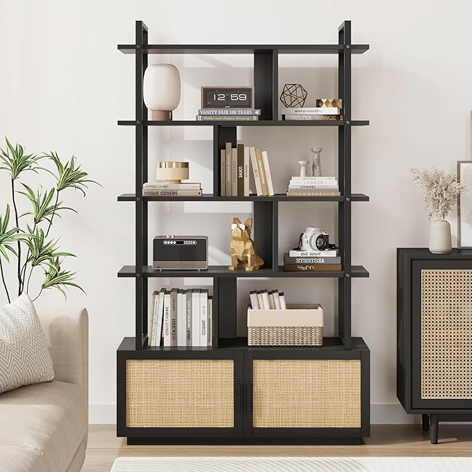 GAOMON 5 Tier Rattan Bookshelf with Storage Cabinet & Door, 71.1 Inch Tall Industrial Book Shelf with Open Display Shelves, 5 Shelf Bookcase with Metal Frame for Living Room, Bedroom -Black - LeafyLoom