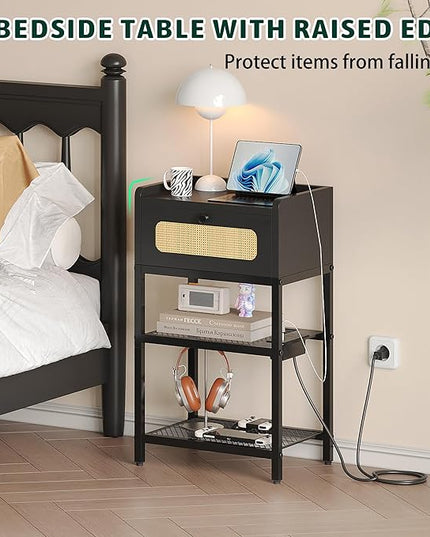 Night Stand, Side Table with Rattan Drawer, Nightstand with Charging Station, Industrial Bedside Table with 3-Tier Storage, Black JET003CB1 - LeafyLoom