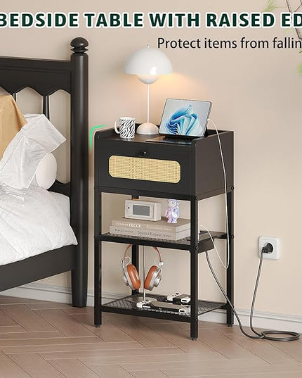 Night Stand set 2, Side Table with Rattan Drawer, Nightstand with Charging Station, Industrial Bedside Table with 3-Tier Storage, Black JET003CB2 - LeafyLoom