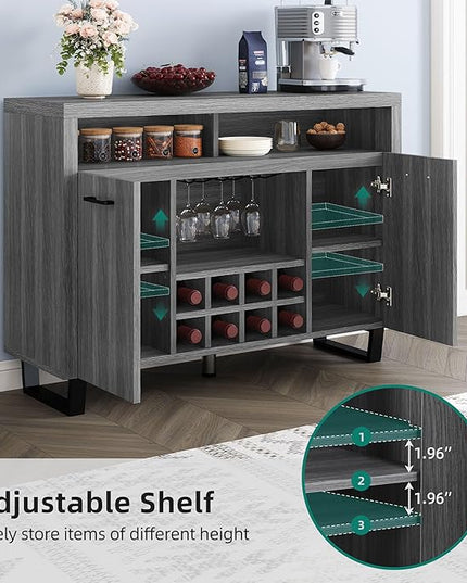 DWVO Coffee Bar Cabinet, 47" Modern Sideboard Buffet Cabinet with Storage, Wine Bar Cabinets with Wine and Glass Rack, Console Table for Kitchen & Living Room, Grey Oak - LeafyLoom