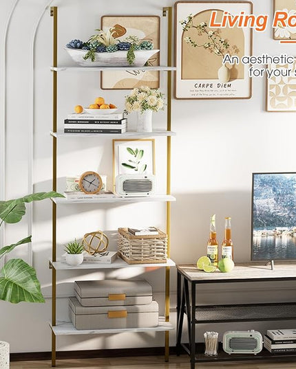 5 Tiers Ladder Shelf White Marble Modern Bookshelf Open Tall Wall Mount Bookcase Standing Leaning Wall Shelves Industrial Decorative - LeafyLoom