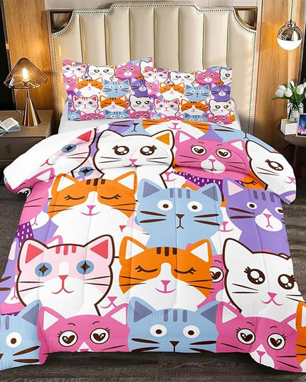 Cat Full Comforter Set for Bedroom - 3Pcs Colorful Cat Comforter Set for Teens Kids Cute Cartoon Cat Bedding Set Ultra Soft Warm Lightweight Kawaii Animal Patterns Comforter with 2 Pillowcases - LeafyLoom