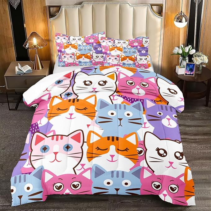 Cat Full Comforter Set for Bedroom - 3Pcs Colorful Cat Comforter Set for Teens Kids Cute Cartoon Cat Bedding Set Ultra Soft Warm Lightweight Kawaii Animal Patterns Comforter with 2 Pillowcases - LeafyLoom