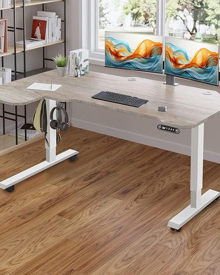 Adjustable Height L-Shaped Electric 59 Inch Sit-Stand Computer Desk with 3 Splice Boards, Lockable Casters-Ideal for Home Office, 59Inch, Oak - LeafyLoom