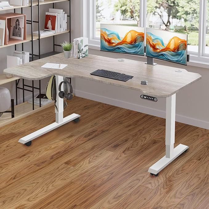 Adjustable Height L-Shaped Electric 59 Inch Sit-Stand Computer Desk with 3 Splice Boards, Lockable Casters-Ideal for Home Office, 59Inch, Oak - LeafyLoom