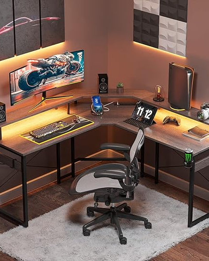 ODK L Shaped Gaming Desk with LED Lights & Power Outlets, 51" Computer Desk with Full Monitor Stand, Corner Desk with Cup Holder, Gaming Table with Hooks, Grey Oak - LeafyLoom