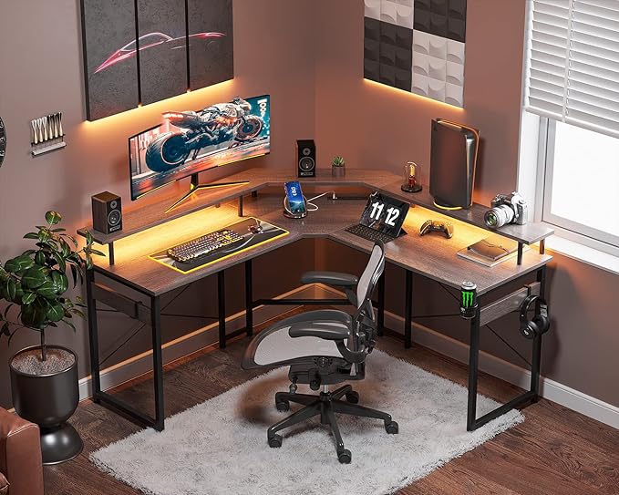 ODK L Shaped Gaming Desk with LED Lights & Power Outlets, 51" Computer Desk with Full Monitor Stand, Corner Desk with Cup Holder, Gaming Table with Hooks, Grey Oak - LeafyLoom