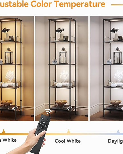 SUNMORY Display Shelf with Dimmable Lights, Lighted Display Cases for Collectibles, Adjustable Color Temperature and Brightness, Display Cabinet, Floor Lamp with Shelves, Home Decor, Black - LeafyLoom