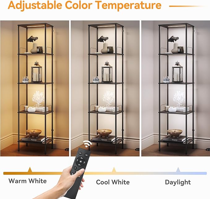 SUNMORY Display Shelf with Dimmable Lights, Lighted Display Cases for Collectibles, Adjustable Color Temperature and Brightness, Display Cabinet, Floor Lamp with Shelves, Home Decor, Black - LeafyLoom