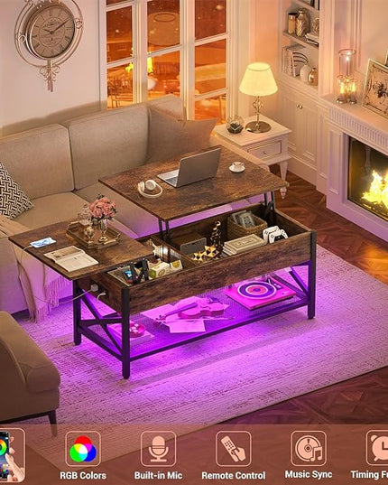 Coffee Table, Lift Top Coffee Table with Storage, LED Light & Power Outlet and Hidden Compartment, Retro Center Table for Living Room, X Support Wood Tabletop, Metal Frame, Rustic Brown - LeafyLoom