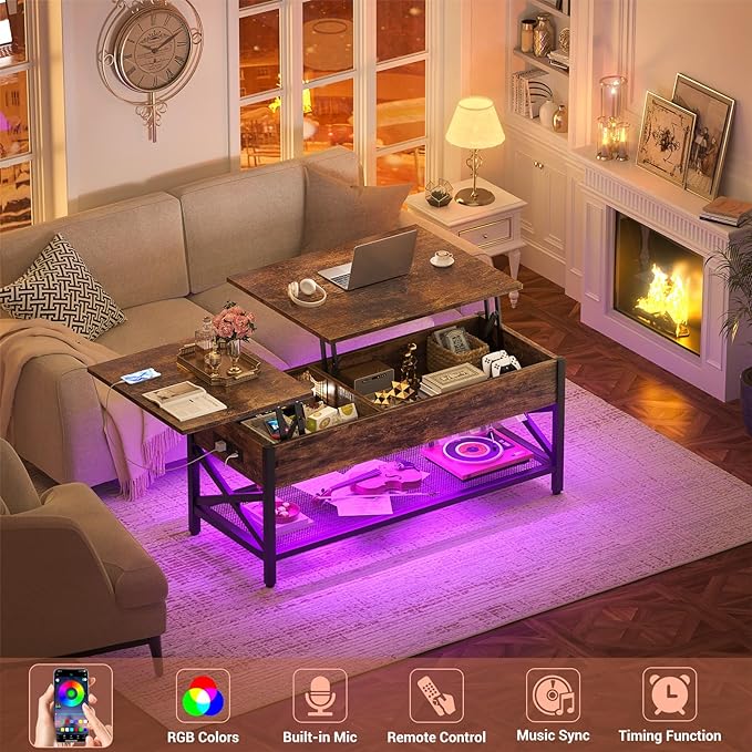 Coffee Table, Lift Top Coffee Table with Storage, LED Light & Power Outlet and Hidden Compartment, Retro Center Table for Living Room, X Support Wood Tabletop, Metal Frame, Rustic Brown - LeafyLoom