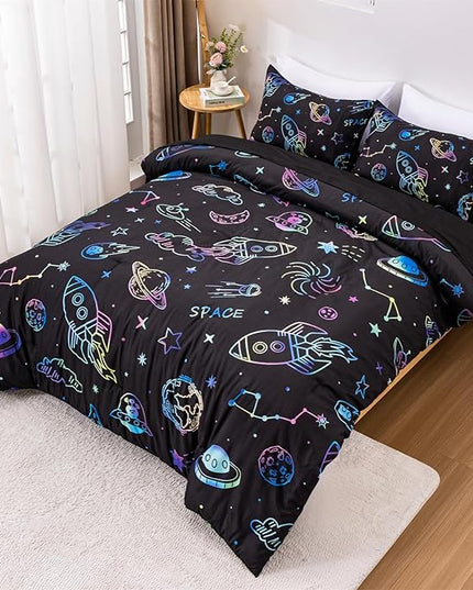 Aimuan Space Comforter Twin Set Kids Rocket Bedding Set Super Soft & Cute Aliens UFO Printed for Boys Girls Teen (Black, Full 5Pcs) - LeafyLoom