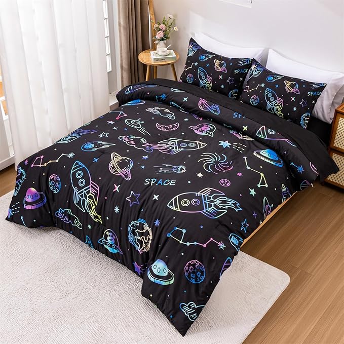 Aimuan Space Comforter Twin Set Kids Rocket Bedding Set Super Soft & Cute Aliens UFO Printed for Boys Girls Teen (Black, Full 5Pcs) - LeafyLoom