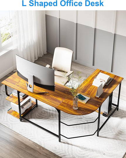 Teraves Reversible L Shaped Desk with Large Surface, 61 Inch Sturdy Corner Desk with Storage Shelves, Premium Office Computer Desk Workstation for Home Office Gaming, Teak - LeafyLoom