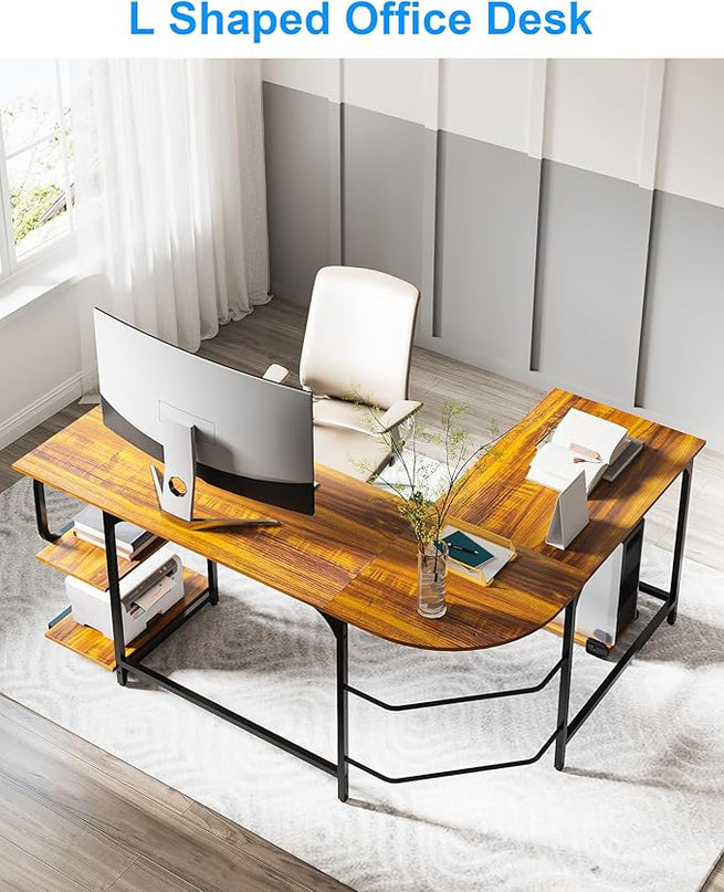 Teraves Reversible L Shaped Desk with Large Surface, 61 Inch Sturdy Corner Desk with Storage Shelves, Premium Office Computer Desk Workstation for Home Office Gaming, Teak - LeafyLoom