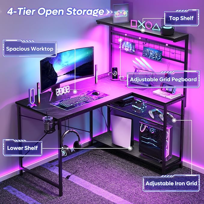 Bestier Gaming Desk with Power Outlets,42 Computer Desk with LED Lights, Reversible Corner Desk with 4-Tier Shelves,Cup Holder & Hook for Home Office,Black Marble - LeafyLoom