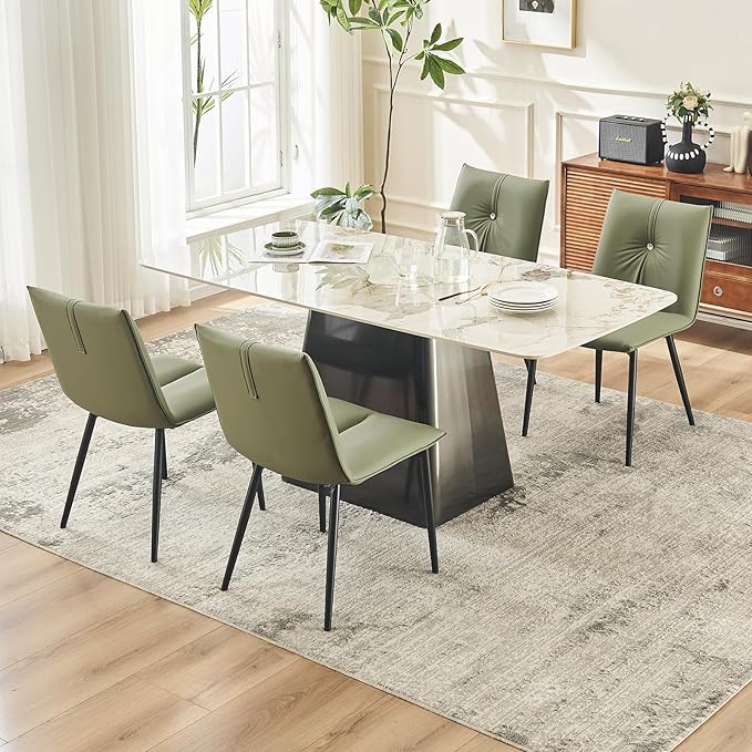 YOUTASTE Dining Chairs Set of 2 Mid Century Modern Upholstered Leather Kitchen Chairs Soft Padded Side Chairs Dinner Chairs with Metal Legs for Living Room Bedroom, Olive Green - LeafyLoom