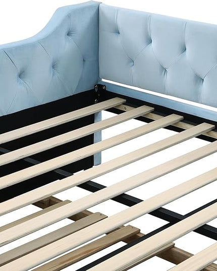 Full Size Velvet Upholstered Tufted Daybed with Twin-Size Trundle,Modern Wood Bed Frame w/Armrests,Slat Support,No Box Spring Needed,Daybeds for Apartment,Bedroom,Guest Room,Blue - LeafyLoom