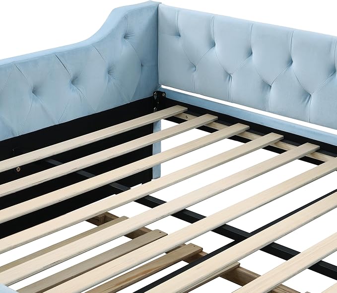 Full Size Velvet Upholstered Tufted Daybed with Twin-Size Trundle,Modern Wood Bed Frame w/Armrests,Slat Support,No Box Spring Needed,Daybeds for Apartment,Bedroom,Guest Room,Blue - LeafyLoom