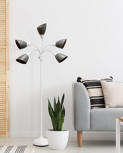 Simple Designs LF2006-GOW 67" Contemporary Multi Head Medusa 5 Light Adjustable Gooseneck White Floor Lamp with Gray Shades for Kids Bedroom Playroom Living Room Office - LeafyLoom