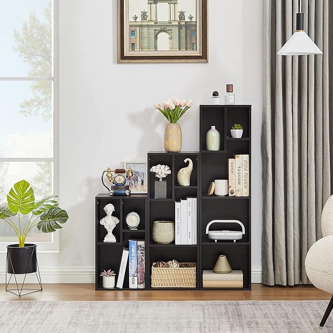 VECELO 3-Tier Small Bookcase, 4 Cube Bookshelf with Height Difference Shelves for Most Books, Modern Floor Standing Unit, Each Shelf Hold Up to 66 LBS for Living Room Bedroom, Vintage Black - LeafyLoom