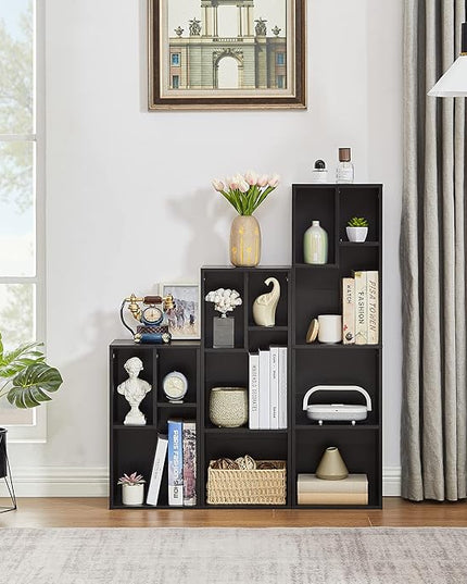 VECELO Small Bookshelf, 4 Cube Slim Bookcase, Fits Tallest Hardcovers, Horizontal Available, Modern Floor Standing Unit, Each Shelf Hold Up to 66 LBS, Matte Black - LeafyLoom
